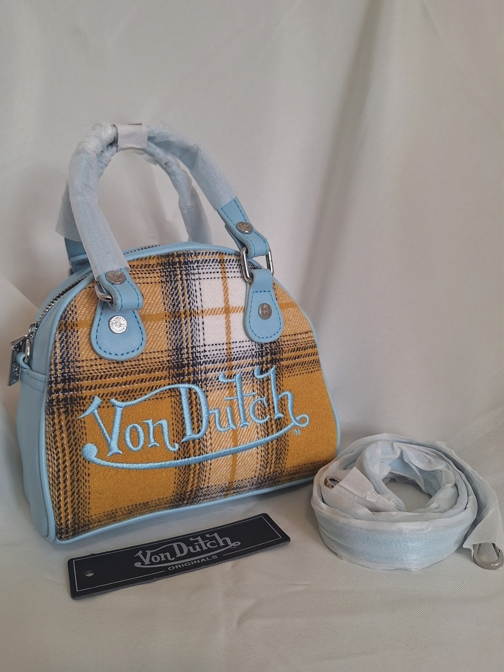 Von Dutch Yellow And Blue Plaid Bowling Bag